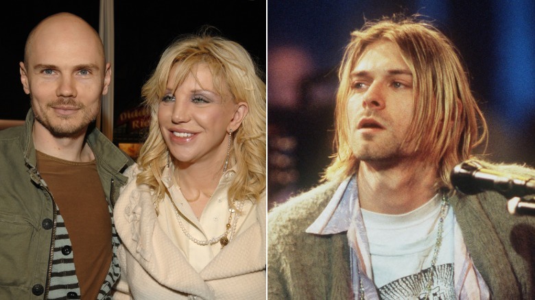 Courtney Love et Billy Corgan souriant et Kurt Cobain jouant 