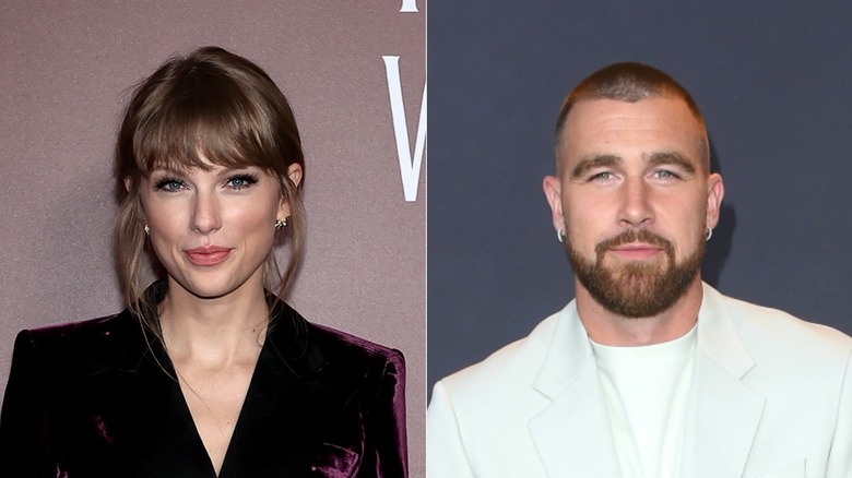 Image partagée de Taylor Swift souriant, à gauche, et de Travis Kelce, à droite