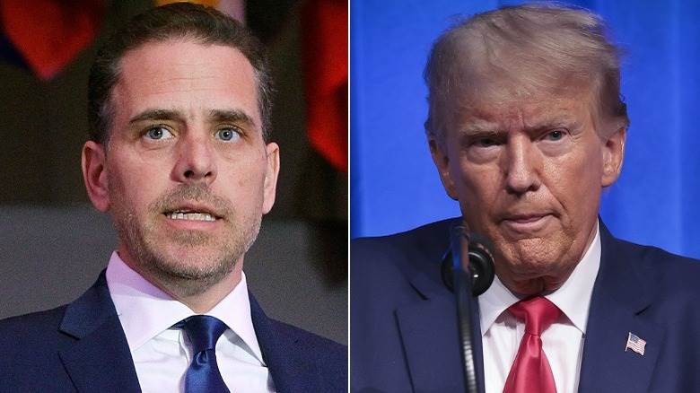 Hunter Biden s'exprimant et Donald Trump s'exprimant dans un microphone