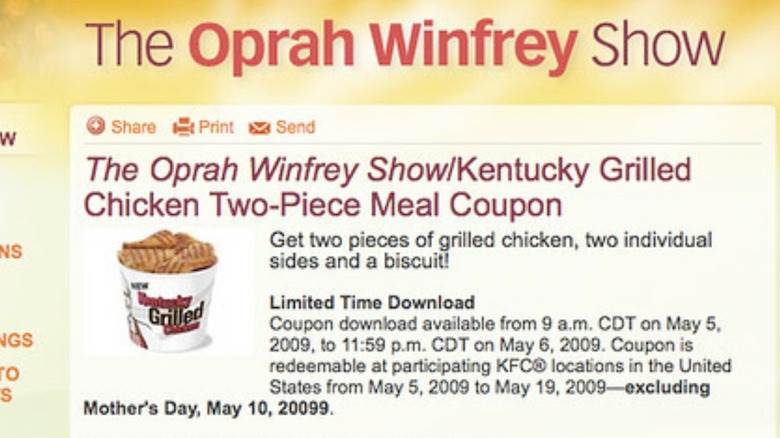 Coupon de poulet grillé Oprah KFC