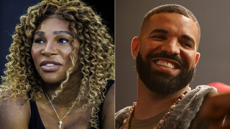 Serena Williams souriante et Drake souriant