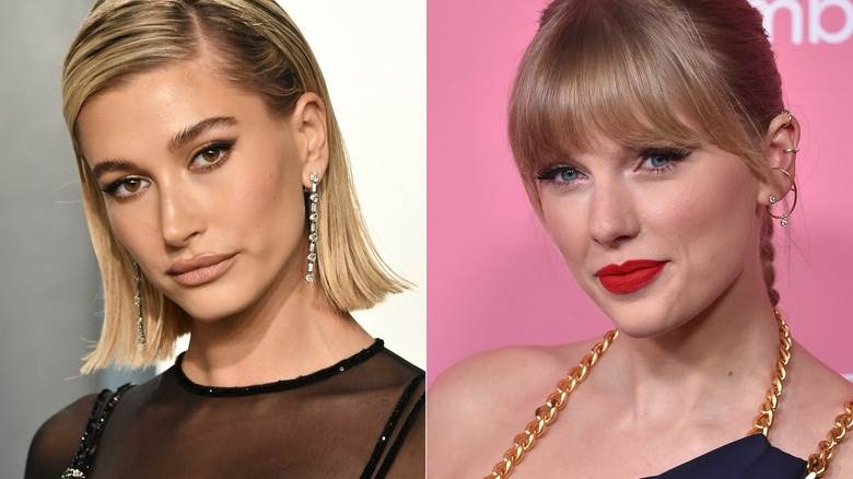 Hailey Bieber cheveux blonds Taylor Swift souriant lèvres rouges