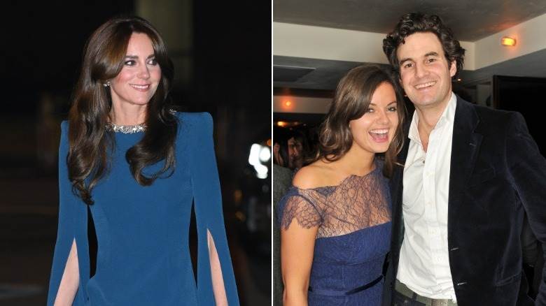 Kate Middleton souriante ; Rupert Finch et Lady Natasha Rufus-Isaacs souriants