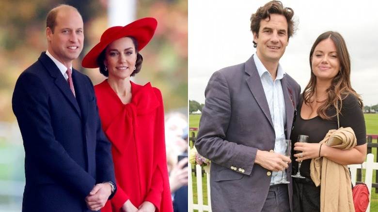 Kate Middleton et le prince William souriants ; Rupert Finch et Lady Natasha Rufus-Isaacs souriants