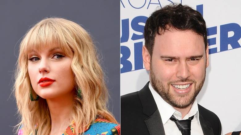 Côte à côte de Taylor Swift posant et Scooter Braun souriant