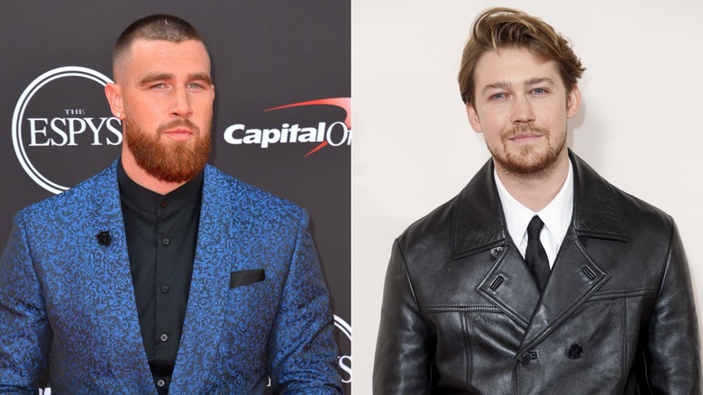 Image divisée présentant des gros plans de Travis Kelce et Joe Alwyn