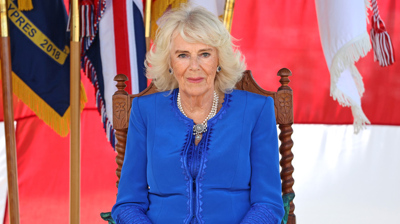 La reine Camilla, souriante tout en étant assise