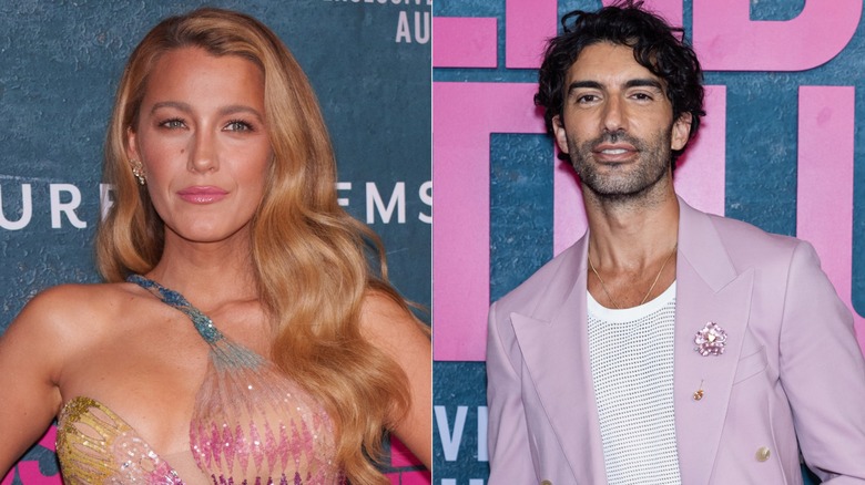 Blake Lively portant une robe asymétrique pastel, à gauche, et Justin Baldoni portant un costume lilas et une chemise blanche, à droite