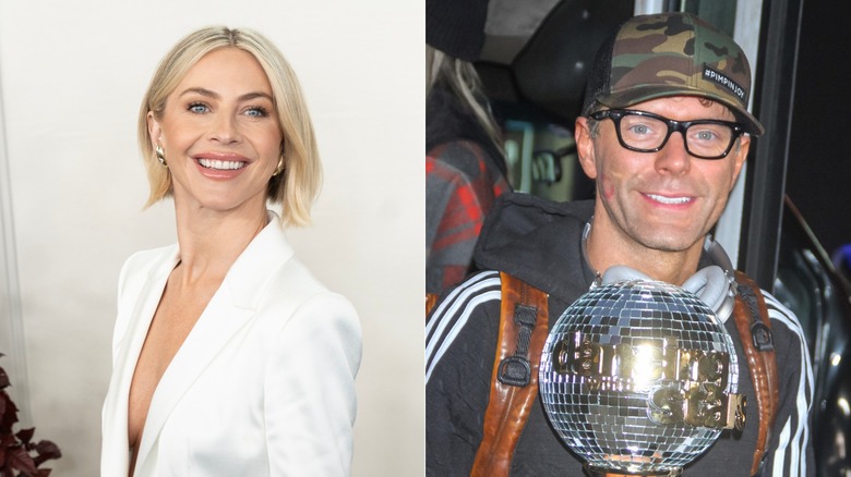 Julianne Hough portant un blazer blanc, à gauche, et Bobby Bones portant un chapeau de camouflage et tenant le trophée Mirrorball, à droite