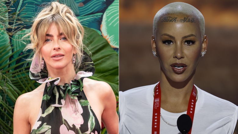 Julianne Hough porte une robe fleurie, à gauche, et Amber Rose porte un t-shirt blanc et un cordon rouge, à droite