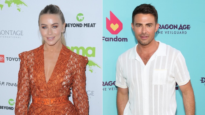 Julianne Hough porte une robe en tricot orange, à gauche, et Jonathan Bennett porte une chemise boutonnée à rayures blanches, à droite