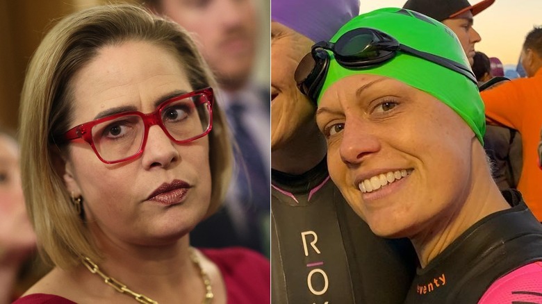 Image fractionnée de Kyrsten Sinema portant des lunettes et un bonnet de bain