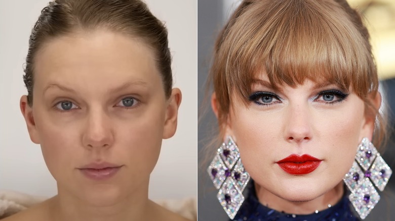 Taylor Swift sans maquillage, portant du rouge à lèvres