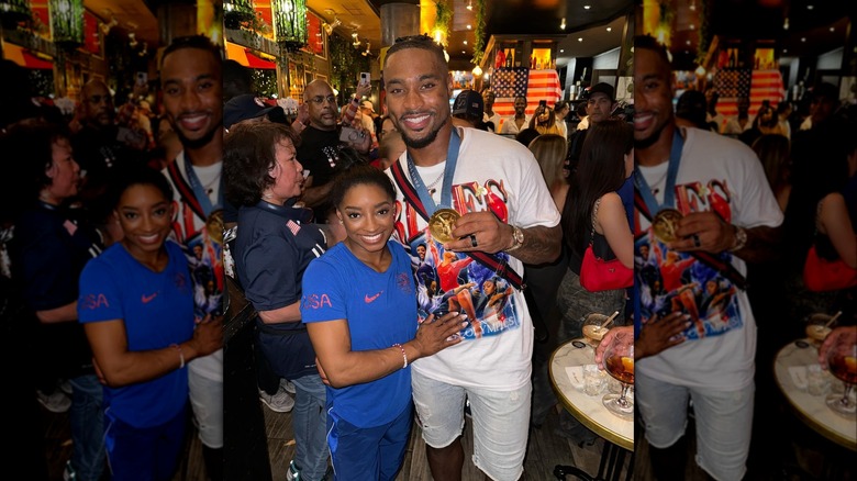 Jonathan Owens avec Simone Biles et sa médaille d'or