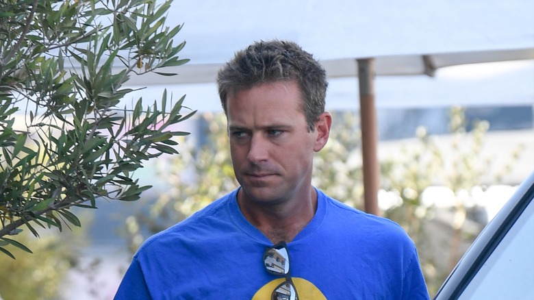 Armie Hammer portant un pull à motifs bleu et jaune