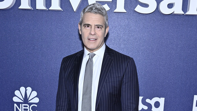 Andy Cohen porte un costume à fines rayures