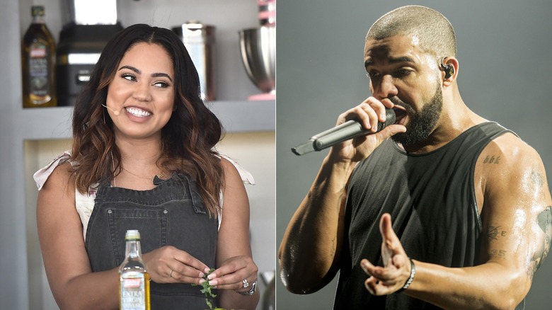 Image partagée d'Ayesha Curry souriant et du rappeur Drake rappant sur scène