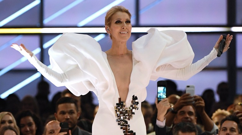 Céline Dion robe blanche manches