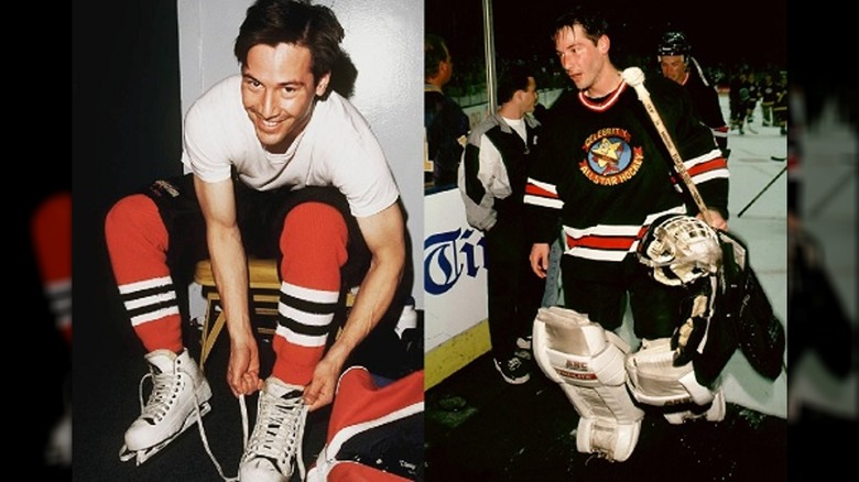 Keanu Reeves souriant et portant son équipement de hockey