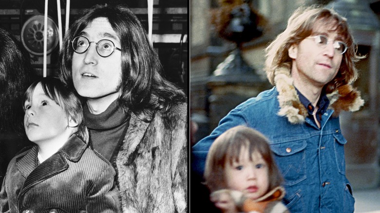 John Lennon et un jeune Julian Lennon sur ses genoux (à gauche) ; John Lennon et un jeune Sean Ono Lennon marchant à ses côtés dehors (à droite)